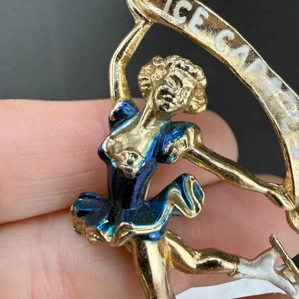 Vintage Ice Capades Brooch Gold Blue Enamel Figure Skater Banner Pin